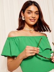Friends Like These Green Airflow Ruffle Linen Look Bardot Blouse - Image 3 of 4