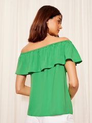 Friends Like These Green Airflow Ruffle Linen Look Bardot Blouse - Image 4 of 4