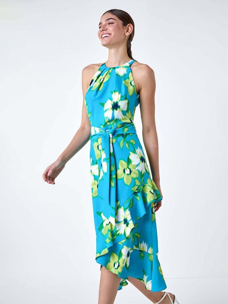 Roman Blue Floral Print Chiffon Halterneck Midi Dress - Image 1 of 5
