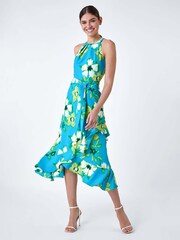 Roman Blue Floral Print Chiffon Halterneck Midi Dress - Image 2 of 5