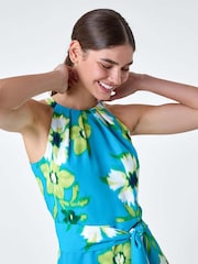 Roman Blue Floral Print Chiffon Halterneck Midi Dress - Image 4 of 5