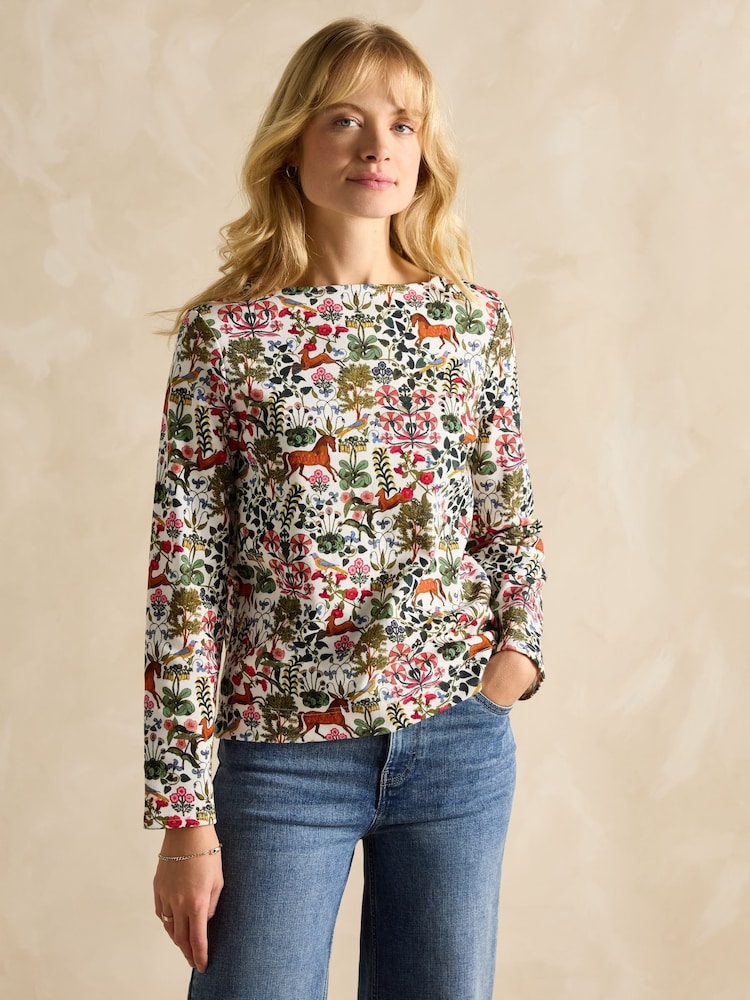 Joules Harbour Green Forest Print Boat Neck Printed Top - Image 1 of 6