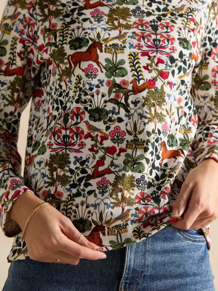 Joules Harbour Green Forest Print Boat Neck Printed Top - Image 4 of 6
