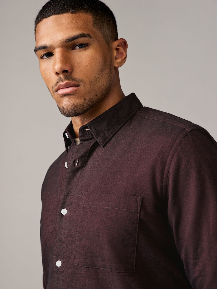 Burgundy Red Brushed 100% Cotton Oxford Long Sleeve Shirt - Image 1 of 6