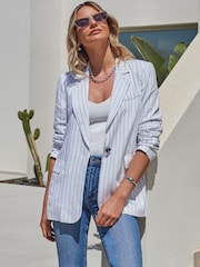 Sosandar Cream Pinstripe Linen Blend Relaxed Fit Blazer - Image 3 of 5