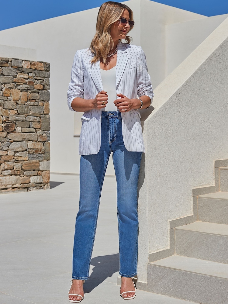 Sosandar Cream Pinstripe Linen Blend Relaxed Fit Blazer - Image 5 of 5