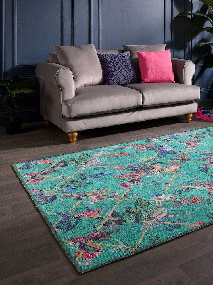 Laurence Llewelyn-Bowen Blue Cotswold Fantasia Washable Flat Weave Rug - Image 2 of 6 Laurence Llewelyn-Bowen Blue Cotswold Fantasia Washable Flat Weave Rug - Image 2 of 6