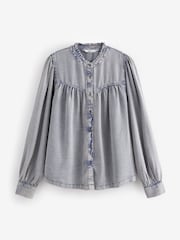Blue Washed Ruffle Neck Long Sleeve Blouse - Image 1 of 4
