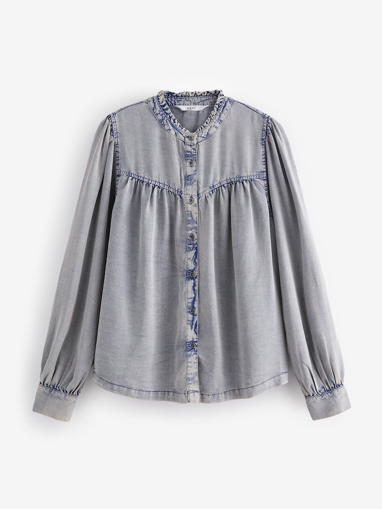 Blue Washed Ruffle Neck Long Sleeve Blouse - Image 1 of 4