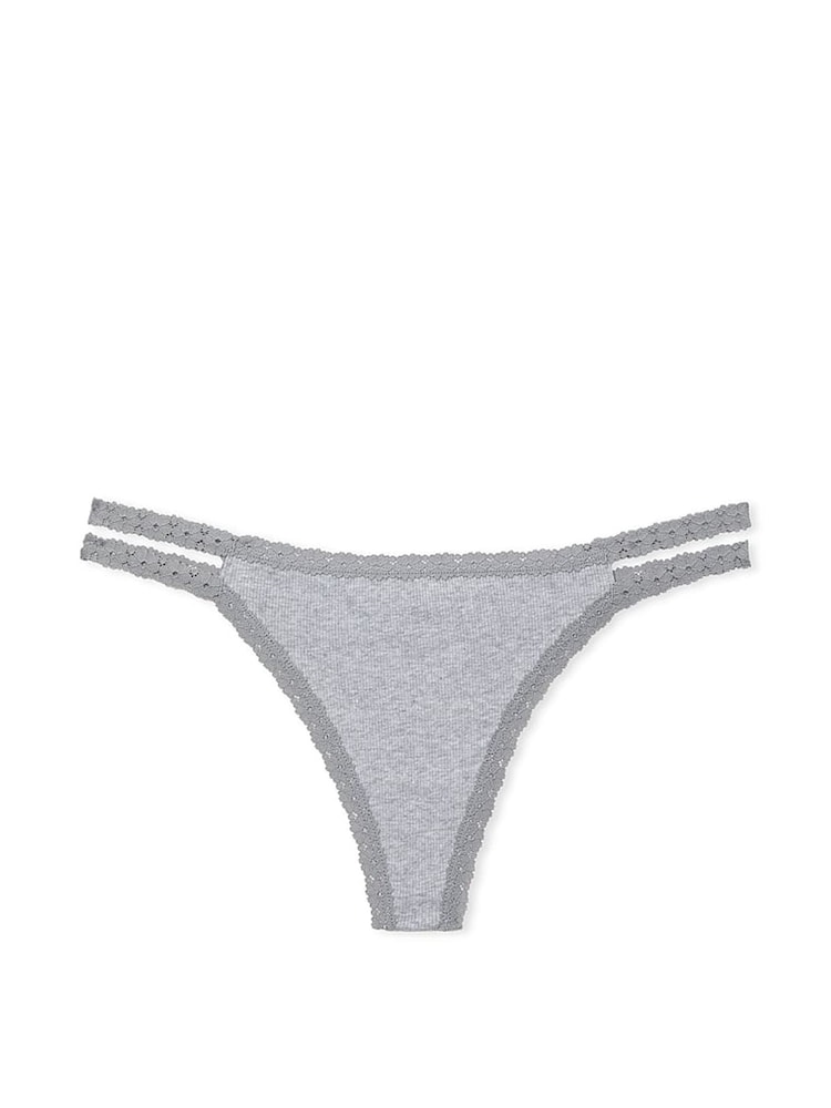 Victoria's Secret PINK Grey Heather Lace Trim Rib Strappy Thong Knickers - Image 3 of 3