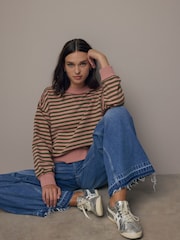 Pink/Khaki, Grün - Gestreiftes Jersey-Sweatshirt mit rohem Saum und Nahtdetails, Rundhalsausschnitt, 100% Baumwolle - Bild 1 von 8