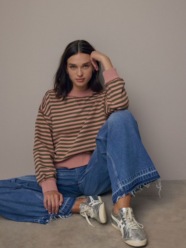 Pink/Khaki, Grün - Gestreiftes Jersey-Sweatshirt mit rohem Saum und Nahtdetails, Rundhalsausschnitt, 100% Baumwolle - Bild 1 von 8
