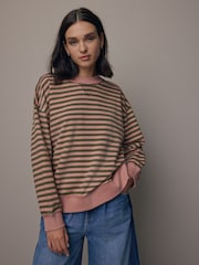 Pink/Khaki, Grün - Gestreiftes Jersey-Sweatshirt mit rohem Saum und Nahtdetails, Rundhalsausschnitt, 100% Baumwolle - Bild 2 von 8