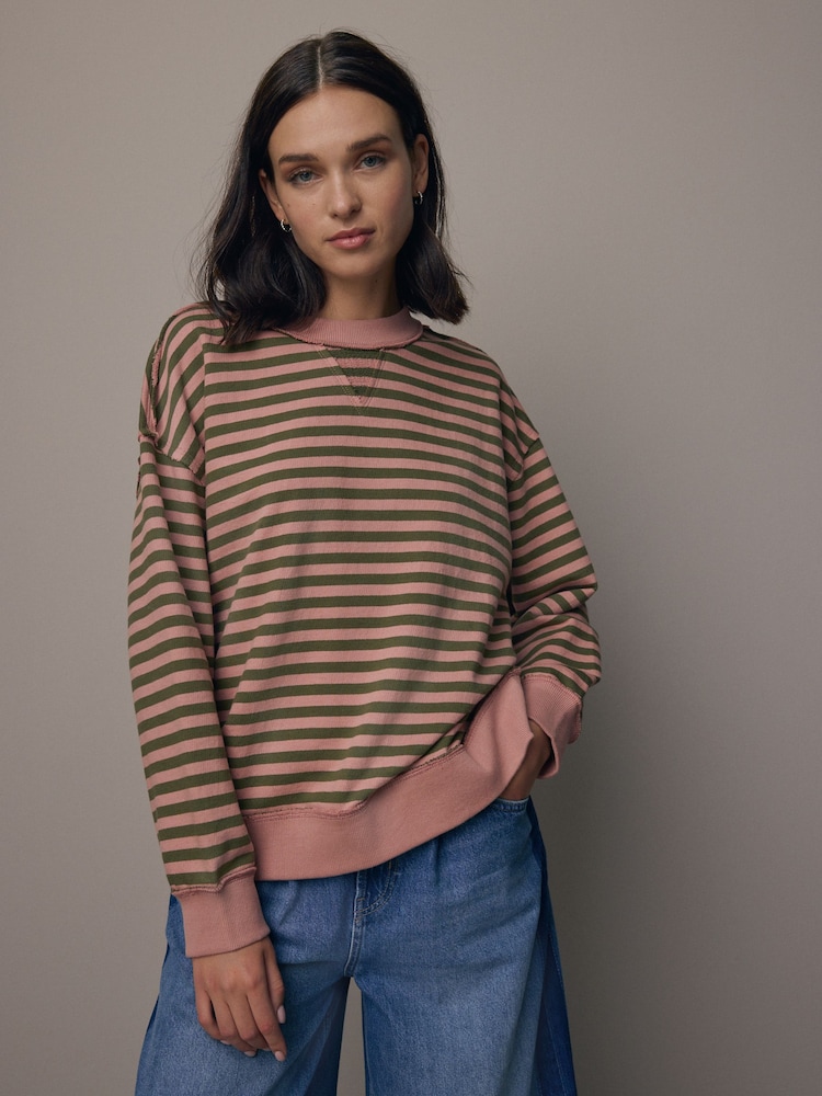 Pink/Khaki, Grün - Gestreiftes Jersey-Sweatshirt mit rohem Saum und Nahtdetails, Rundhalsausschnitt, 100% Baumwolle - Bild 2 von 8