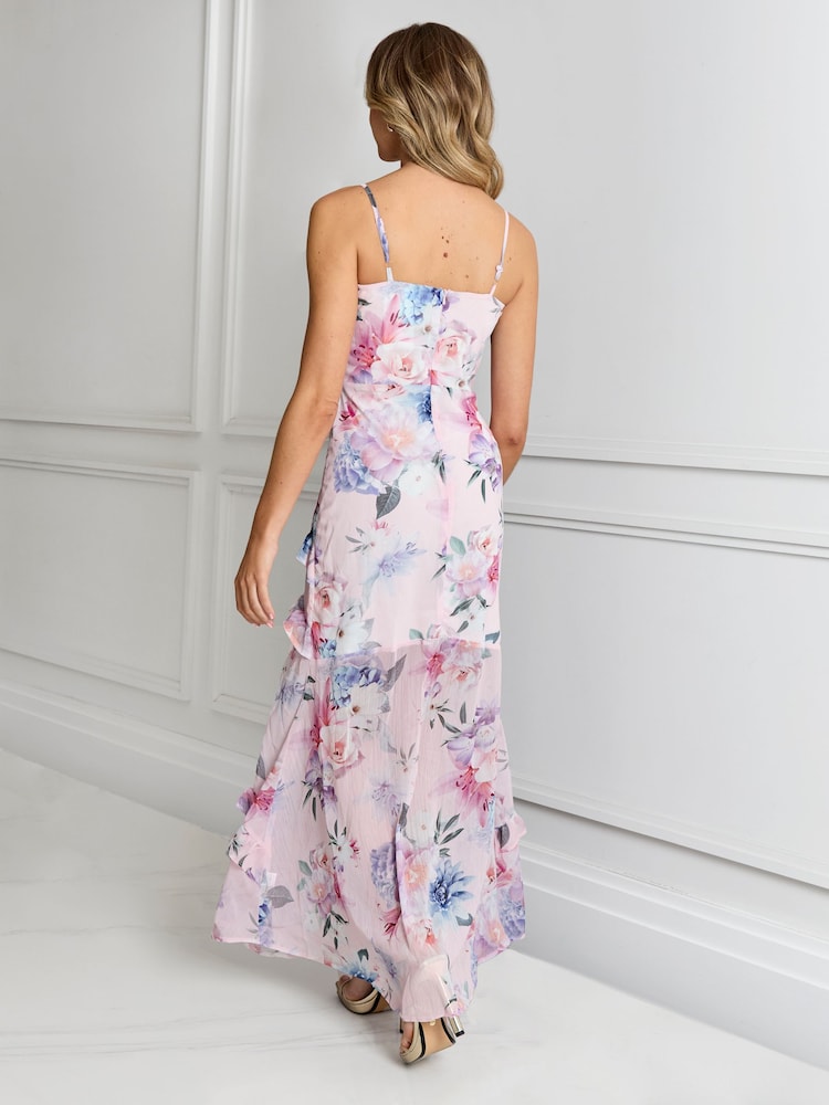 Sistaglam Pink Floral Wrap Front Chiffon Maxi Dress - Image 4 of 4