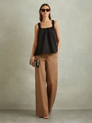 Reiss Black Corey Cotton Ruched Strap Top - Image 1 of 5