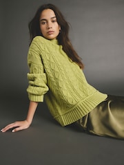Green Lime 100% Lambswool Premium Cable Knitted Jumper - Image 1 of 9