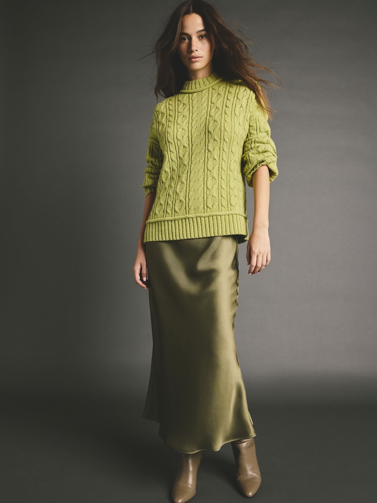 Green Lime 100% Lambswool Premium Cable Knitted Jumper - Image 2 of 9