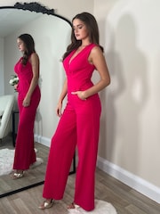 Girl In Mind Pink Mable Twist Front Wide Leg Jumpsuit - Image 3 of 4