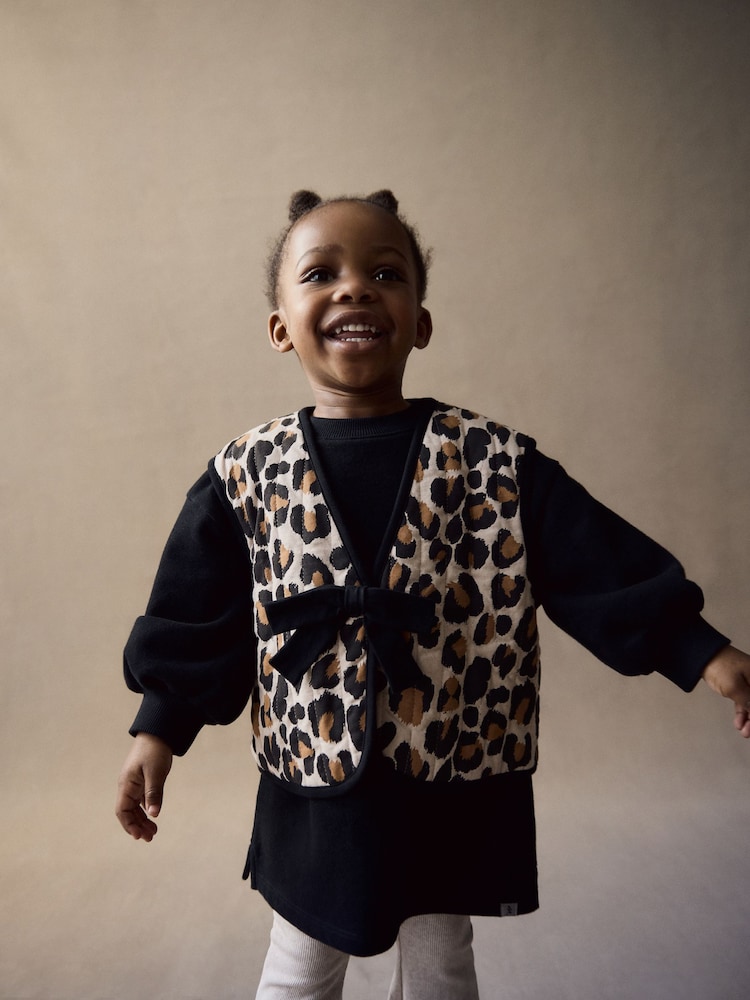 Black / Leopard Print Gilet and Sweat 100% Cotton Dress Set (3mths-7yrs) - Image 1 of 1
