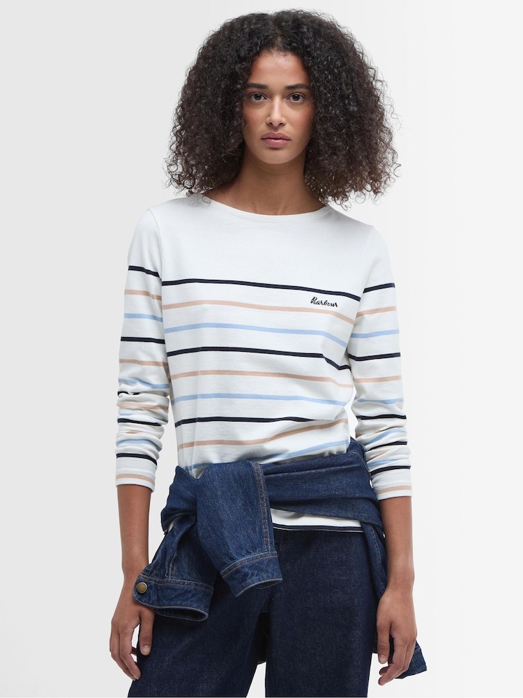 Barbour® White Hawkins Striped Long Sleeved Logo 100% Cotton T-Shirt - Image 1 of 7