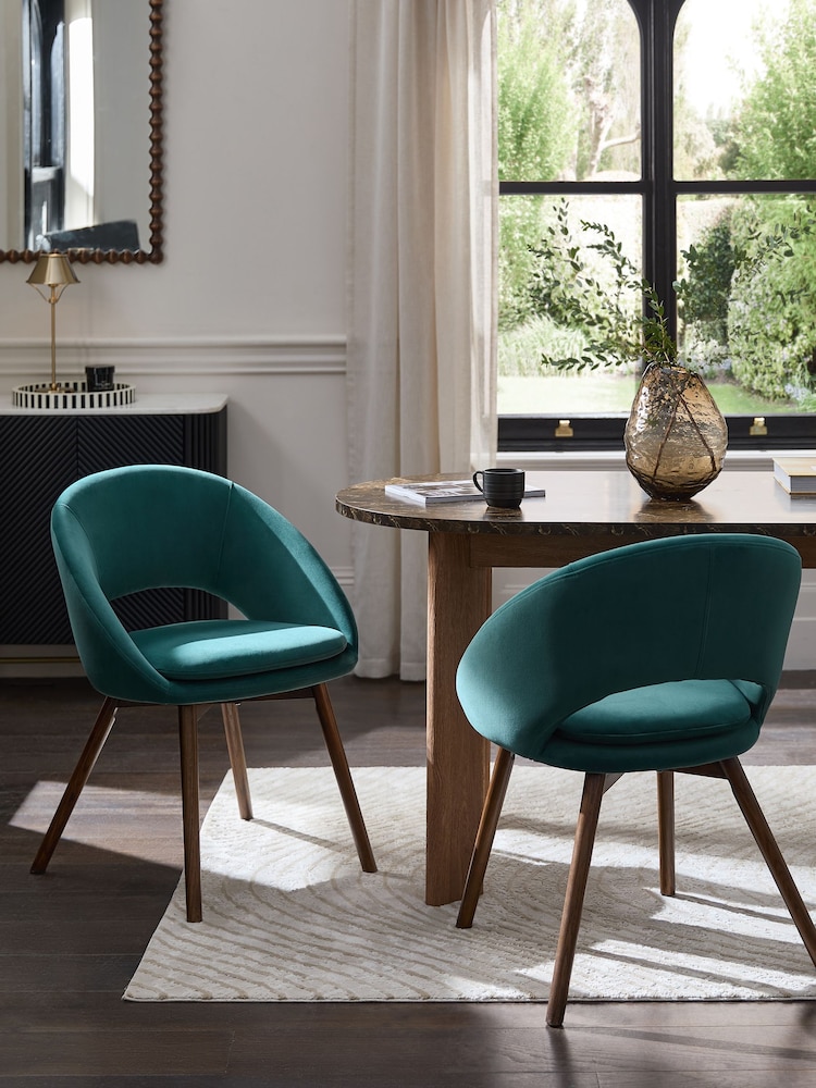 Set of 2 Soft Velvet Marine Blue Hewitt Upholstered Dark Wood Leg Dining Chairs - Image 1 of 9