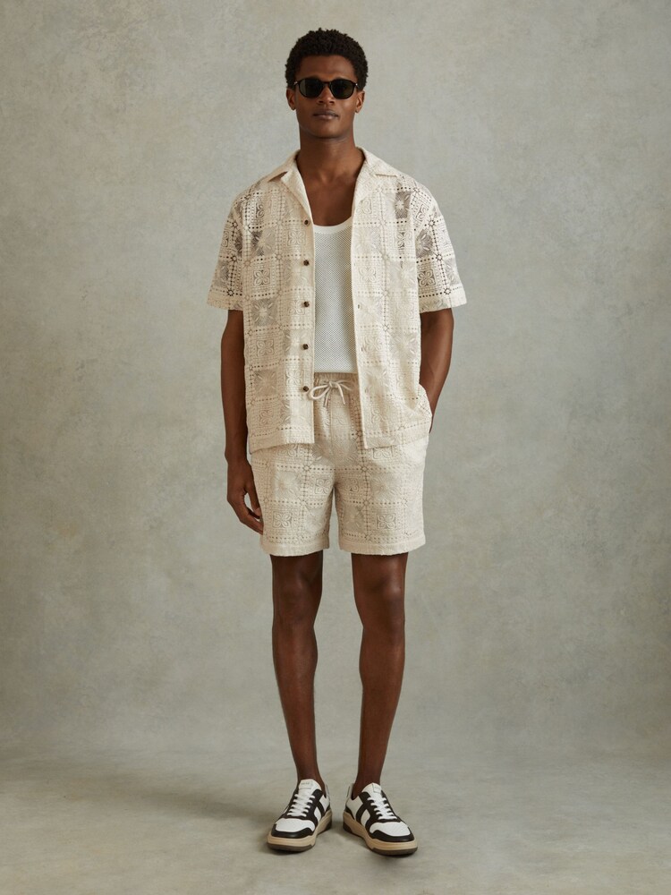 Reiss Ecru Atlas Crochet Drawstring Shorts - Image 1 of 5
