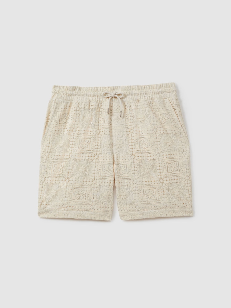 Reiss Ecru Atlas Crochet Drawstring Shorts - Image 2 of 5