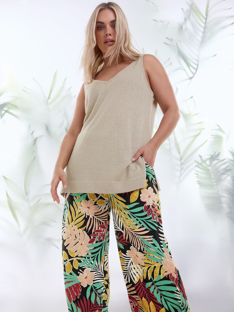 Yours Curve Black Tropical Print Wide Leg Trousers - Image 2 of 6