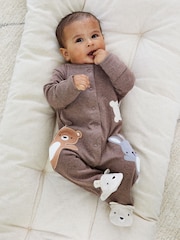 JoJo Maman Bébé Brown Cotton Woodland Friends Appliqué Sleepsuit - Image 2 of 6