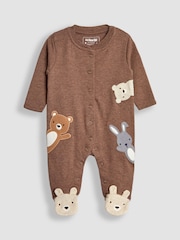 JoJo Maman Bébé Brown Cotton Woodland Friends Appliqué Sleepsuit - Image 4 of 6