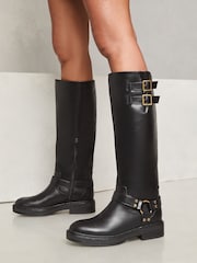 Lipsy Black Knee High Moto Faux Leather Biker Boot - Image 1 of 4