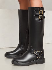 Lipsy Black Knee High Moto Faux Leather Biker Boot - Image 2 of 4