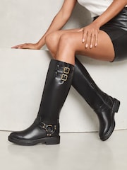 Lipsy Black Knee High Moto Faux Leather Biker Boot - Image 3 of 4