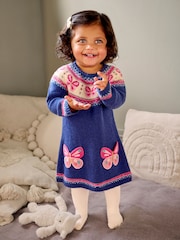 JoJo Maman Bébé Denim Blue Butterfly Knitted Dress - Image 1 of 5