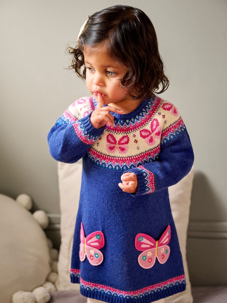 JoJo Maman Bébé Denim Blue Butterfly Knitted Dress - Image 5 of 5