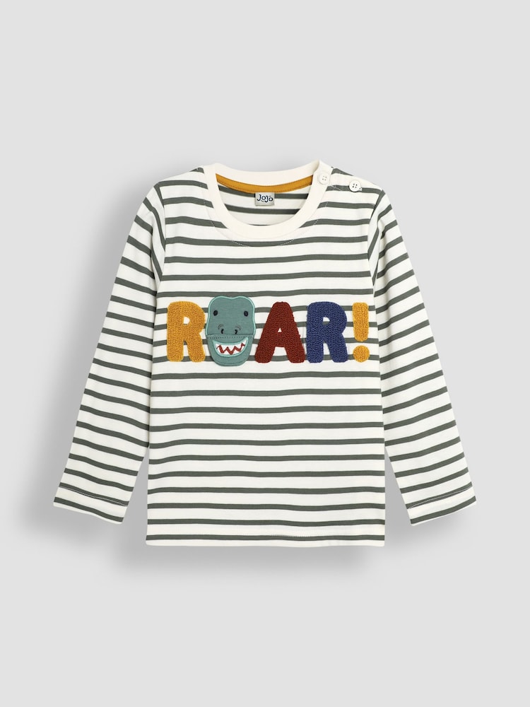 JoJo Maman Bébé Khaki Ecru Stripe Roar Appliqué Top - Image 1 of 2