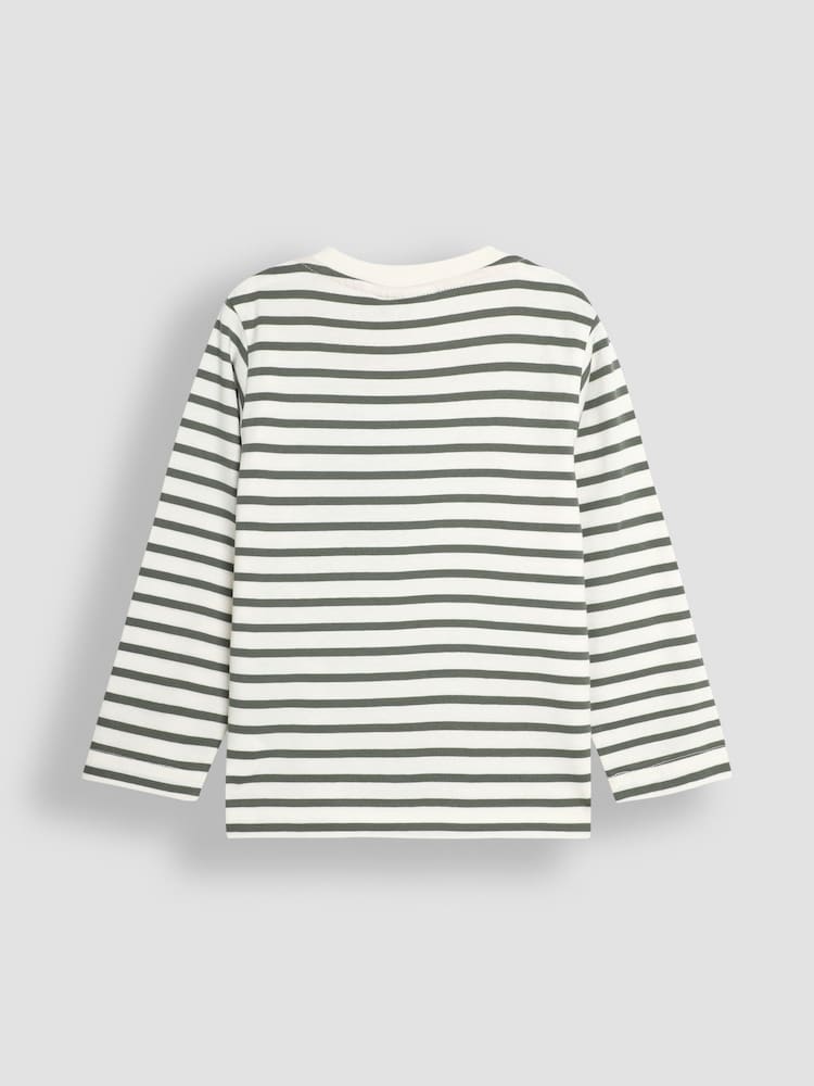 JoJo Maman Bébé Khaki Ecru Stripe Roar Appliqué Top - Image 2 of 2 JoJo Maman Bébé Khaki Ecru Stripe Roar Appliqué Top - Image 2 of 2