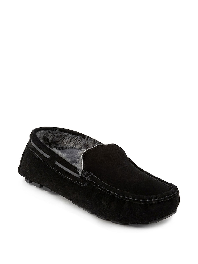Totes Black Mens Isotoner Real Suede With Closed Stitch Moccasin Slippers - Image 3 of 5