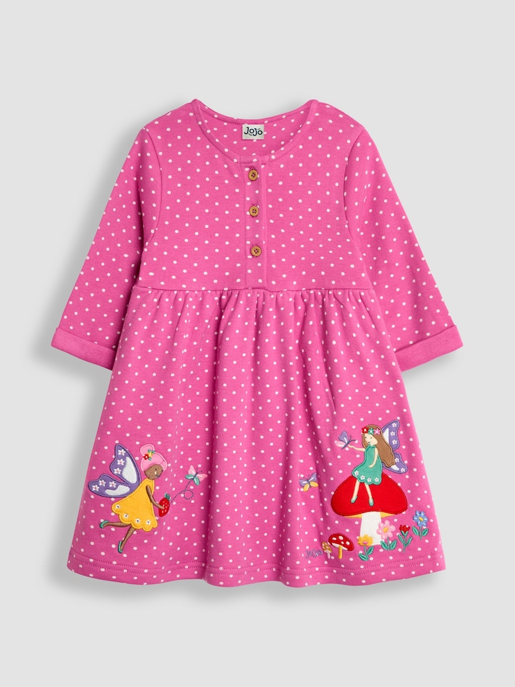 JoJo Maman Bébé Fuchsia Pink Fairy Appliqué Button Front Dress - Image 1 of 3