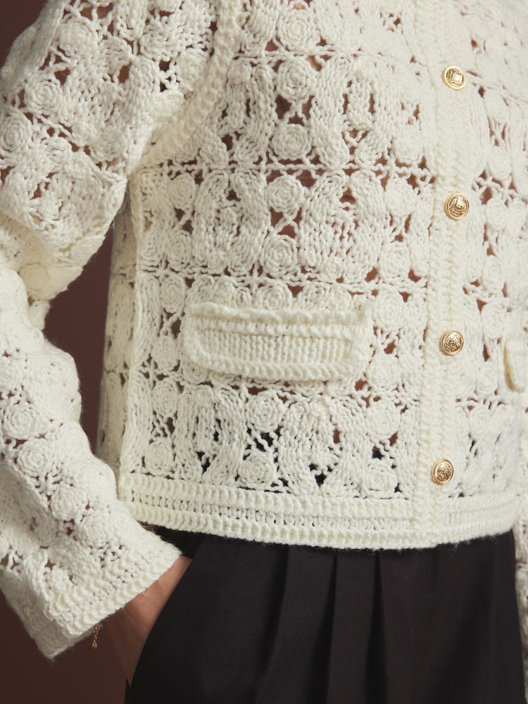 White Ecru Crochet Knitted Button Through Cardigan - Image 3 of 8