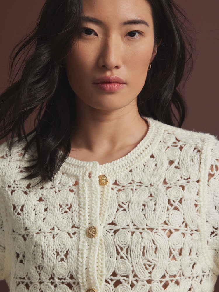 White Ecru Crochet Knitted Button Through Cardigan - Image 4 of 8