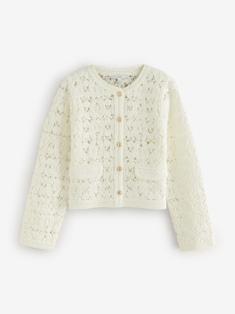 White Ecru Crochet Knitted Button Through Cardigan - Image 6 of 8