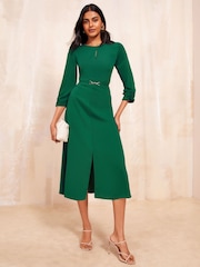 Friends Like These Green Tulip Sleeve Belted Flute Hem Dress - Image 1 of 4
