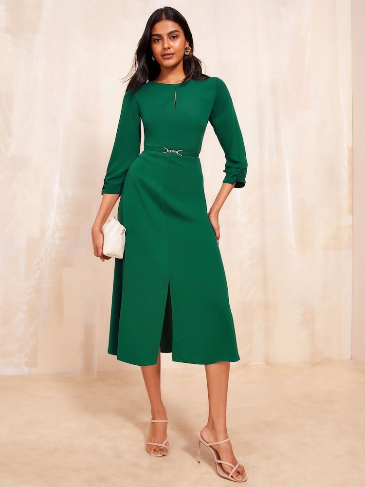 Friends Like These Green Tulip Sleeve Belted Flute Hem Dress - Image 1 of 4