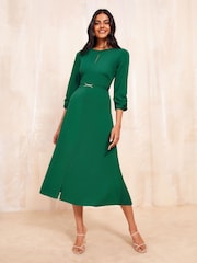 Friends Like These Green Tulip Sleeve Belted Flute Hem Dress - Image 3 of 4