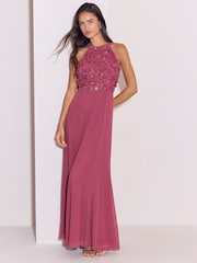 Lipsy Berry Pink Bridesmaid Embrodiery 3D Halter Maxi Dress - Image 1 of 5