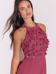 Lipsy Berry Pink Bridesmaid Embrodiery 3D Halter Maxi Dress - Image 2 of 5