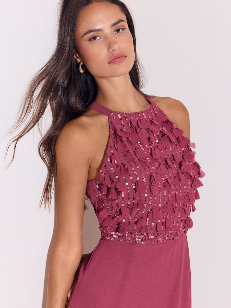 Lipsy Berry Pink Bridesmaid Embrodiery 3D Halter Maxi Dress - Image 2 of 5