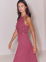 Lipsy Berry Pink Bridesmaid Embrodiery 3D Halter Maxi Dress - Image 3 of 5